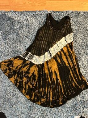 Shoreline Boho Tie-Dye Maxi Dress in Black and Gold With Embroidered Beading
